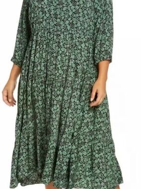 Madewell Button Front Tiered Midi Dress Womens Large Green Fleur Field Boho